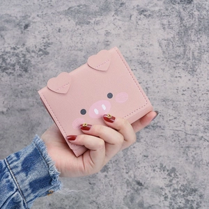 Cute pink cartoon pig short tri-fold wallet for women made of premium synthetic leather