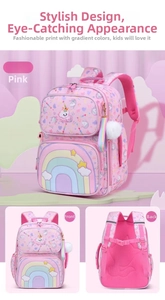 Pink school backpack for kids with rainbow pattern, front and back views with plush charm
