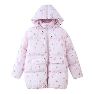 Pink hooded long coat for girls featuring floral ballet dancer print and warm padding