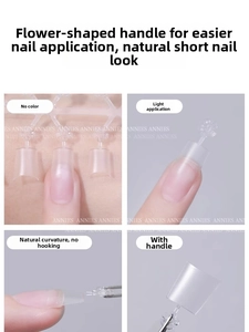 Detail of matte square false nails with flower handles and natural C-curve fit