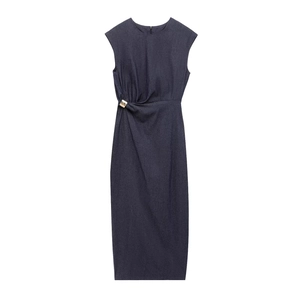 Robe Midi En Jean Sans Manches Avec Ornement En Métal Doré Fente Élégante Col Rond Bleu Marine Femmes