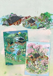 Vue détaillée d'autocollants de paysages chinois avec pavillons et jardins anciens