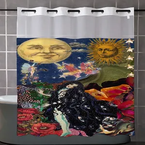 Rideau de douche gaufré rétro avec motif de collage céleste soleil lune et fleurs