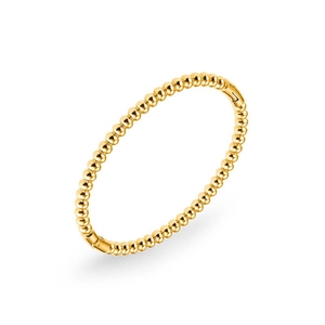 Elegante bracciale a sfere dorate con perle lucide e chiusura a scomparsa su sfondo bianco