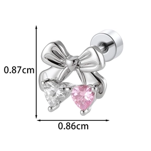 Bowknot heart stud earrings with pink and white gemstones and screw back design