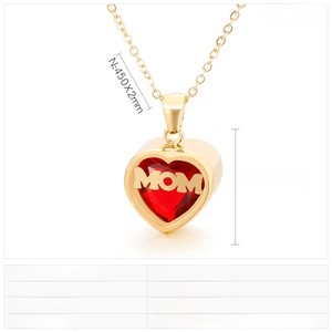 Detailed view of gold stainless steel MOM heart pendant with ruby red birthstone