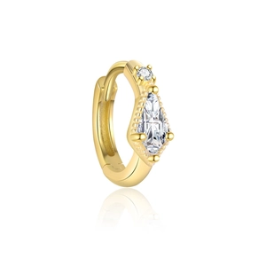 Macro view of gold huggie earring with marquise and round cut cubic zirconia stones