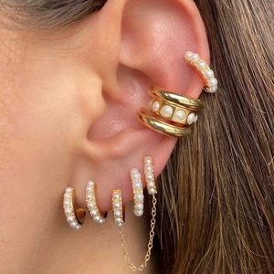 Elegant Copper C-Shaped Double Row Artificial Pearl Earring With 925 Sterling Silver Earring Post Zircon Minimalist Jewelry