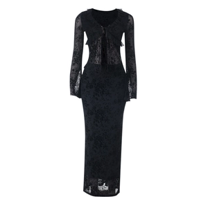 Elegant black floral lace long sleeve midi dress with sheer mesh and vintage patterns