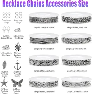 Guide des tailles détaillé pour chaînes de bijoux argentées, anneaux et breloques.