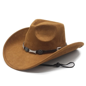 Classic brown suede fedora hat with western leather star belt and adjustable wind strap