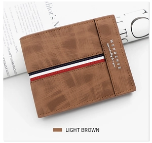 Detail of light brown men wallet with cross pattern leather and tricolor ribbon strip