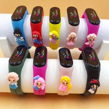 Colorful waterproof cartoon LED digital watches for kids displayed on white pedestals
