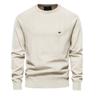 Men's beige crew neck knit sweater with textured herringbone pattern and raglan sleeves