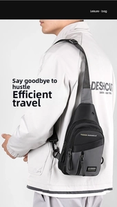 Detail view of water-resistant men's crossbody bag with multi-pocket storage and earphone port