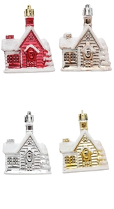 Set of four colorful mini Christmas house pendants with glittery snow-covered roofs and metallic finish