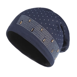 Bonnet en tricot bleu foncé pour femme avec strass blancs et paillettes dorées, doublé polaire