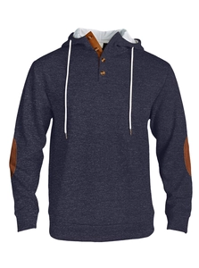 Detail of dark blue hoodie with brown button placket and matching elbow patches