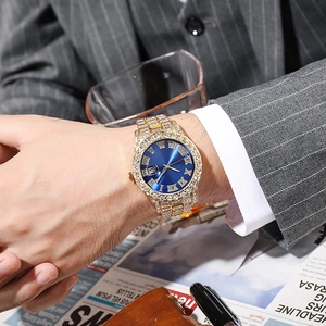 Men's hip hop gold steel watch with full diamonds, blue dial and Roman numerals