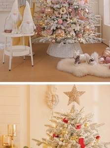 Detail of a pink Christmas tree showing a gold star topper and festive hanging ornaments