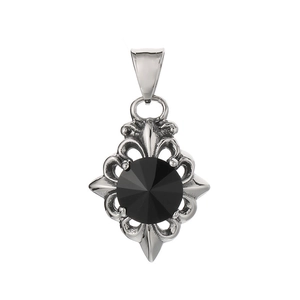 Vintage silver stainless steel crown pendant with black stone and gothic cross details