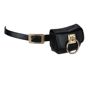 Minimalist black leather belt set with golden square buckle and small hanging ring pouch