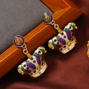 Elegant gold crown stud earrings with colorful purple, green, and yellow enamel inlays