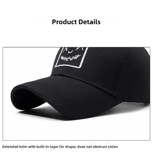 Detail of black baseball cap featuring an extended brim and premium cotton twill texture