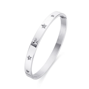 Star pattern stainless steel bangle with sparkling cubic zirconia stones and side clasp