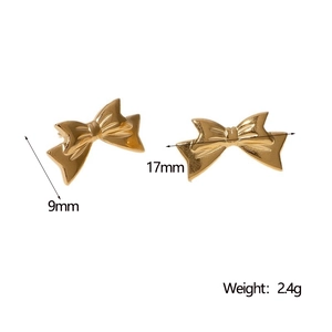 Detailed view of gold bow earrings with dimensions of 17mm by 9mm and weight of 2.4g