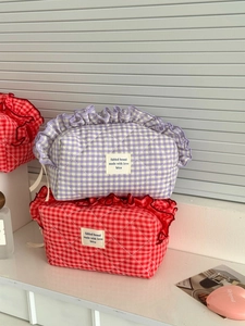 Quilted berry and purple checkered makeup bags with elegant ruffle trim and large capacity