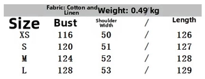 Tableau des tailles pour robe tunique en lin avec mesures de poitrine et longueur en cm