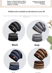 Detailed knit texture of winter beanie and neck warmer set with leather accent