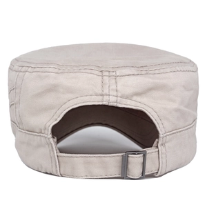 Detail of the adjustable metal buckle and stitching on the khaki cotton cadet cap