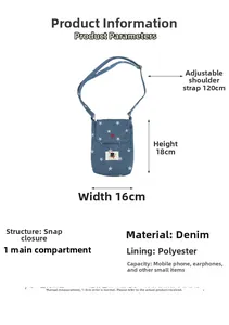 Denim crossbodytas met sterrenpatroon inclusief afmetingen en drukknoopsluiting