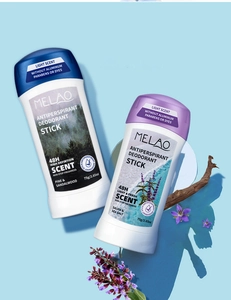 Detailed view of MELAO antiperspirant sticks with pine sandalwood and sea salt scents