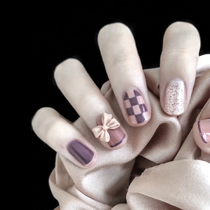 Fresh Cute Purple Checkerboard Press On Nails Sweet Style Artificial Nails With 3D Bow Rhinestone Removable False Nails For Women