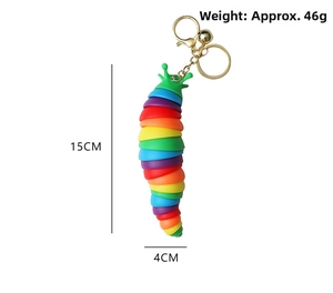 Rainbow slug fidget toy keychain with 15cm size specs and gold metal ring attachment
