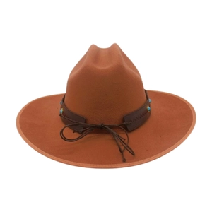 Detail of felt fedora hat with brown leather band and turquoise studs decoration