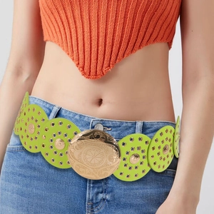 Green leather belt with gold floral buckle and studs on jeans for women summer fashion