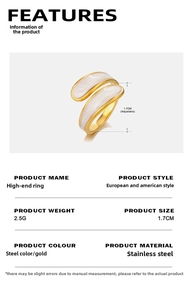 Detail view of adjustable 18K gold plated stainless steel ring with white enamel inlay
