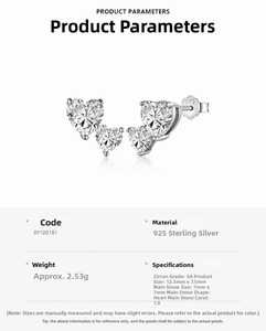 Detailed technical specifications for 1.0ct heart-shaped 5A zircon S925 silver earrings
