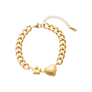Gold stainless steel chain bracelet featuring heart and star charms on a white background