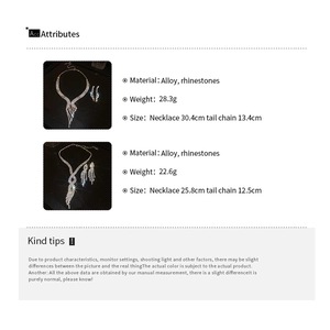Size chart and details of silver fringe tassel necklace set with sparkling rhinestones