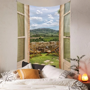 Detail of 3D window landscape tapestry featuring rolling green hills and wooden chairs