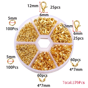 370Pcs golden DIY jewelry set with lobster clasps, jump rings and crimp beads kit