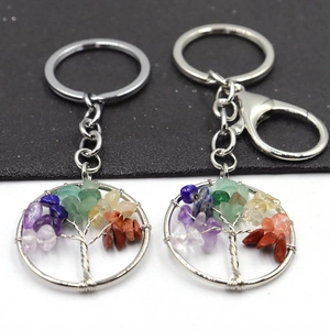 Natural crystal tree of life keychain with silver wire wrapping and colorful gemstones