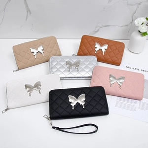 Women Long Zipper Wallet PU Leather Quilted Rhombus Butterfly Decor Clutch Handbag With Wristlet Strap Large Capacity