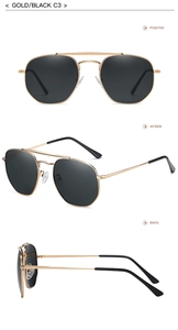 Three-way view of geometric gold metal polarized sunglasses with black lenses