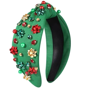 Christmas knotted headband with green knit fabric, colorful rhinestones and mini gift knots